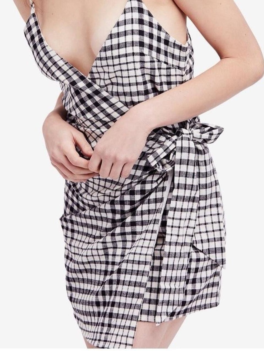 Free People Black and White Gingham Wrap Mini Dress